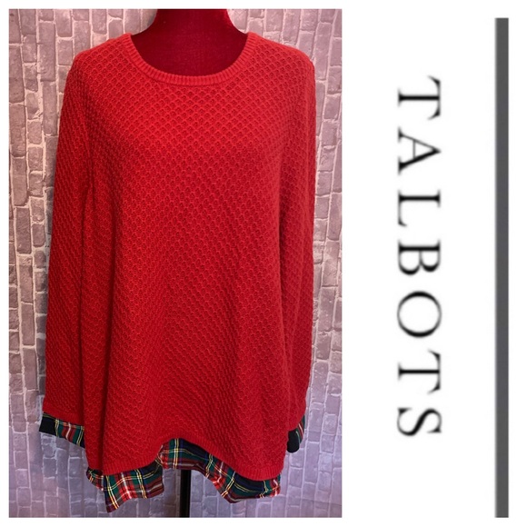 Talbots Sweaters - Red Cotton Sweater • Plaid Cuffs & Hem